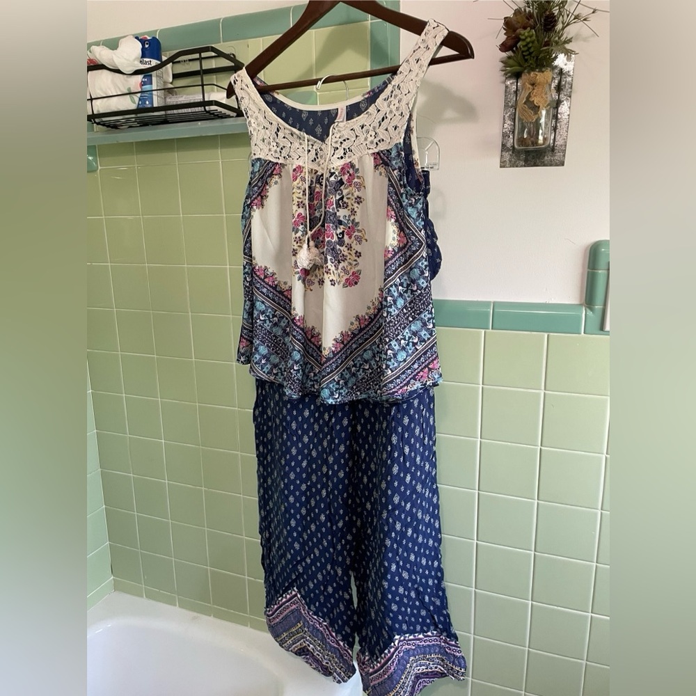 Bohemian Floral Lace Top and Pant Set - Navy and Cream top and pant set